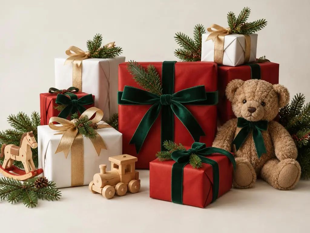 Presentes natalinos com laços e brinquedos